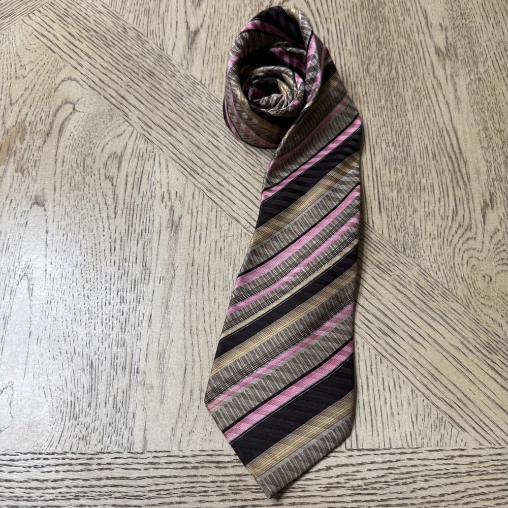 Bill Robinson Mens Pink Brown Black Gold‎ Striped Handmade 100% Silk Necktie